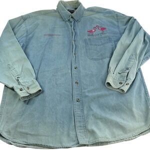 Outrageous Sports Denim Shirt Women XL Blue Flamingo Embroidered Relaxed Vintage